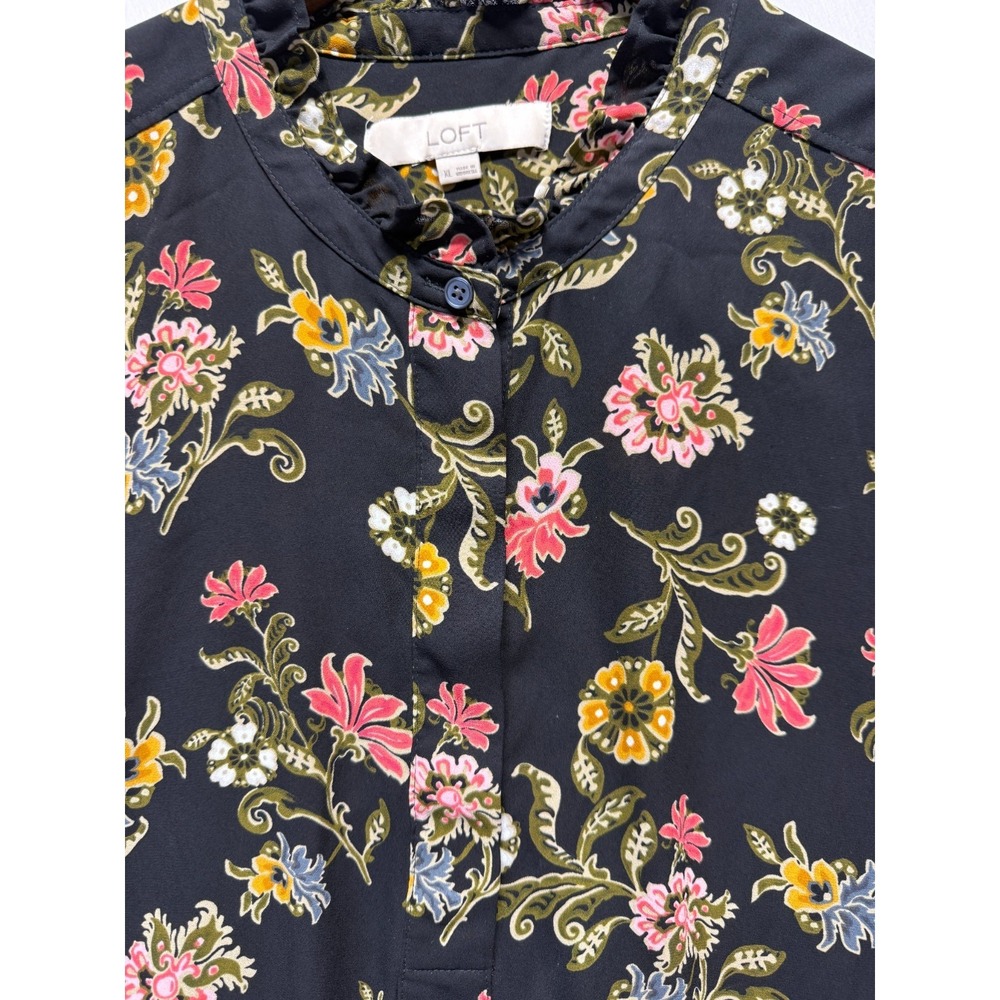 Loft Popover Blouse Top Womens XL Black Multi Floral Ruffle Trim Cuff & Neck - Picture 7 of 11